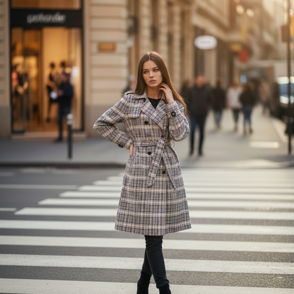 Solitaire Plaid Women's Coat - Black, White, Gray